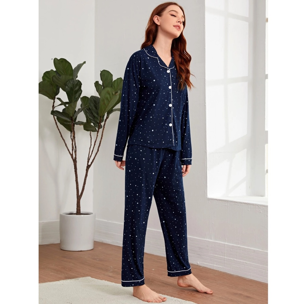 Navy Blue Star Print White Contrast Piping Trim Pajama Set 2 Piece Shirt, Pants - Picture 4 of 6